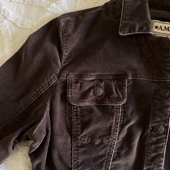 A.M.I. Dark Brown Stretch Corduroy Trucker Y2K Bohemian Blazer Jacket - Picture 12 of 12